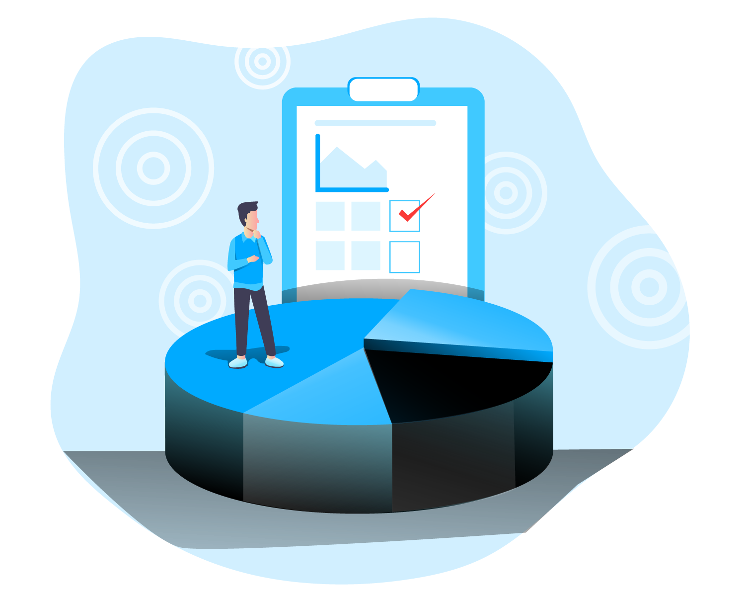 A man standing on a piechart reviewing data A man standing on a piechart reviewing data