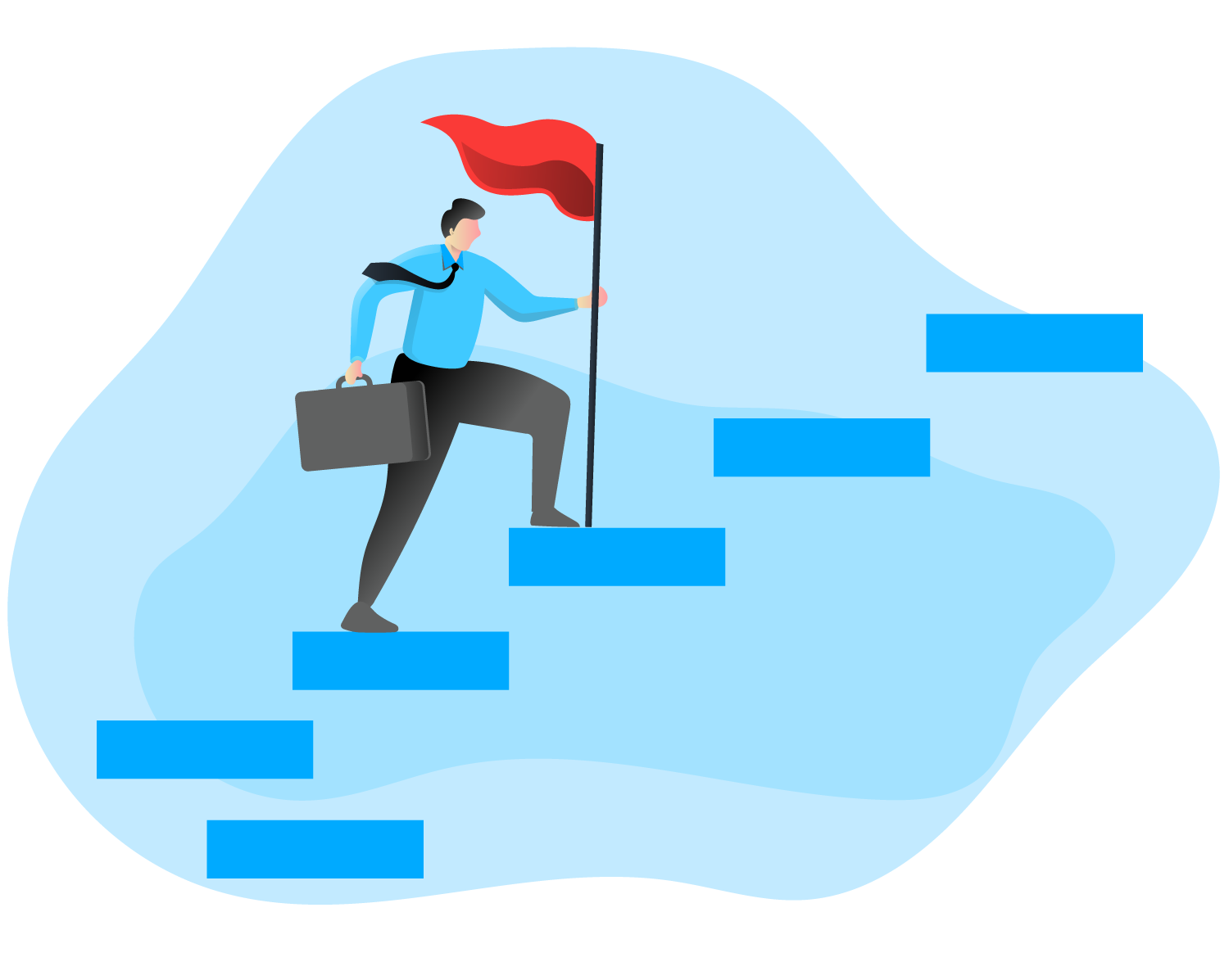 person climbing stairs with briefcase and flag in hand